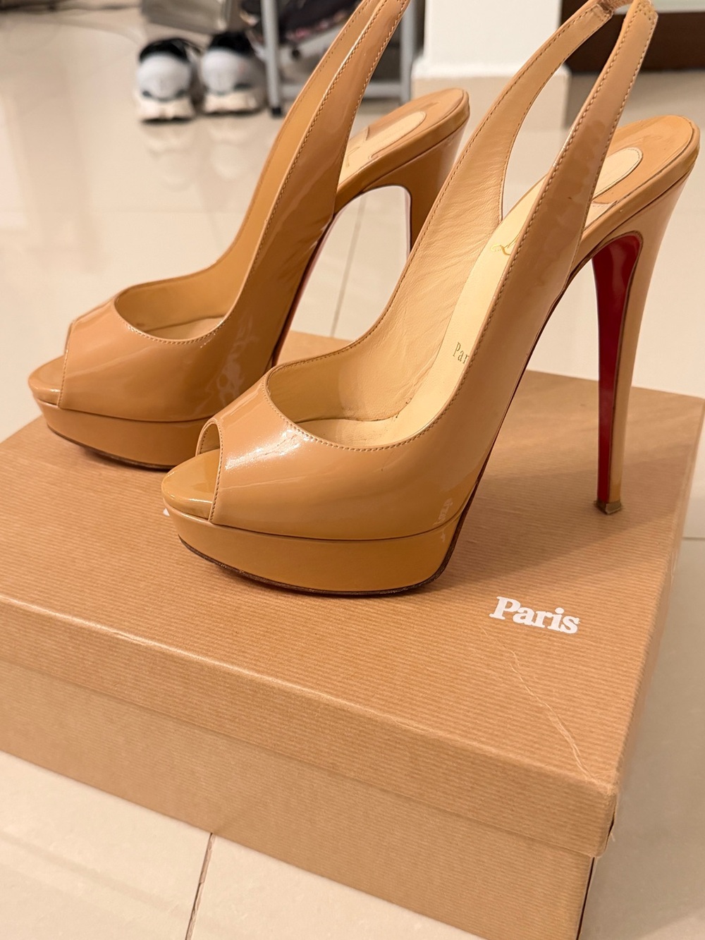 Christian Louboutin Tan Patent Leather Peep-Toe Slingbacks with Red Soles